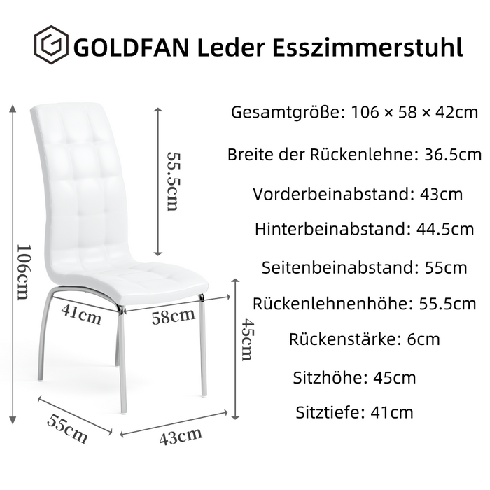 GOLDFAN 2er Esszimmerstühle PU-Leder Moderne Hohe Rückenlehne Esszimmer Stühle mit Chrom Metallrahmen für Wohnzimmer Esszimmer, Weiß AWS-189.DE