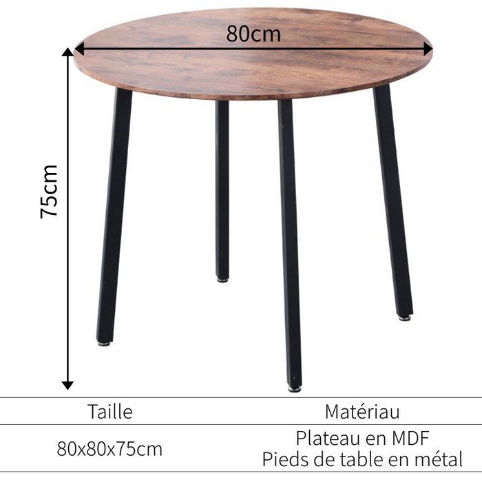 GOLDFAN Table de Salle à Manger Vintage Ronde Table Bois et Noir Pied Table Le à Manger Rétro de Cuisine,80x80x75cm (Marron), AWS-161-3（ MDF 3D paper+black）  .FR