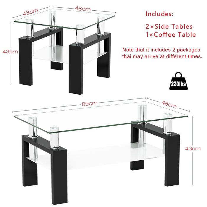 NIERN Glass Coffee Table Set of 3, Mordern Living Room Tables Set with Storage Sofa Side Tables for Living Room Home Office (Black) AWS-175.US