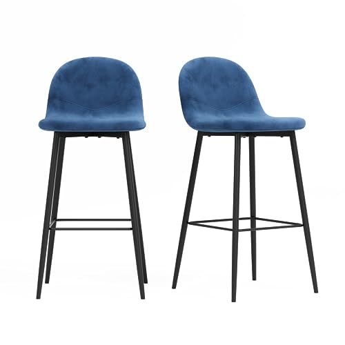 GOLDFAN Bar Stools Set of 2pcs Blue Velvet Upholstered Chair with Backrest Bar Stools with Metal Legs,Ideal for Home Kitchen and Bars (Blue+Black) AWS-165-3-2.UK