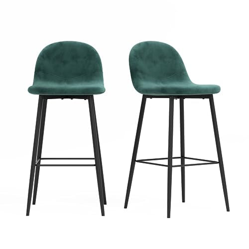 GOLDFAN Bar Stools Set of 2pcs Green Velvet Upholstered Chair with Backrest Bar Stools with Metal Legs,Ideal for Home Kitchen and Bars (Green+Black). AWS-165-1-2.UK