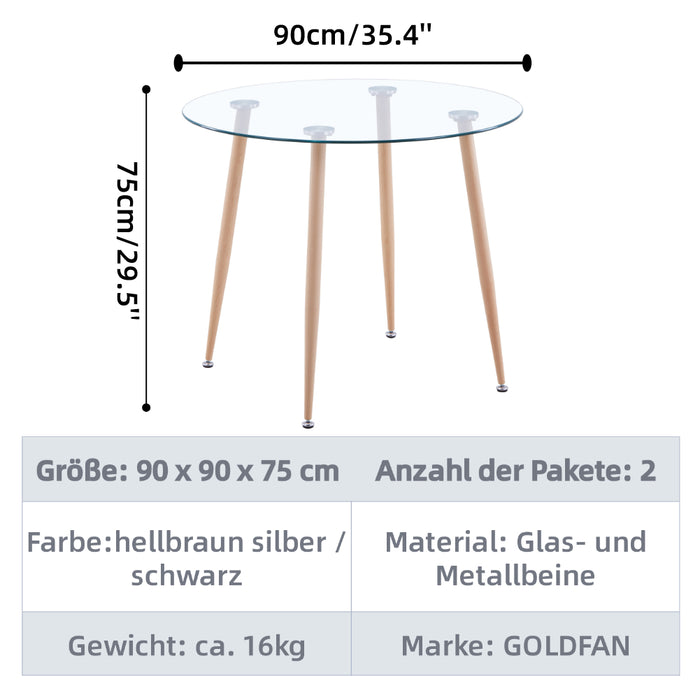 GOLDFAN Glas Esstisch küchentisch Esszimmertisch mit Metallbeine Moderner Stil Runder Tisch für Wohnzimmer Büro Küche,AWS-062-3 .DE