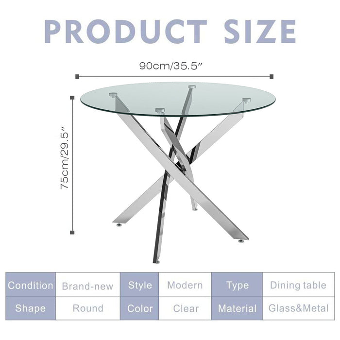 NIERN Round Glass Dining Table with Chromed Legs, 35.5 in Modern 90*90*75cm Small Kitchen Table for Kitchen Dining Room (White) AWS 22-3.US