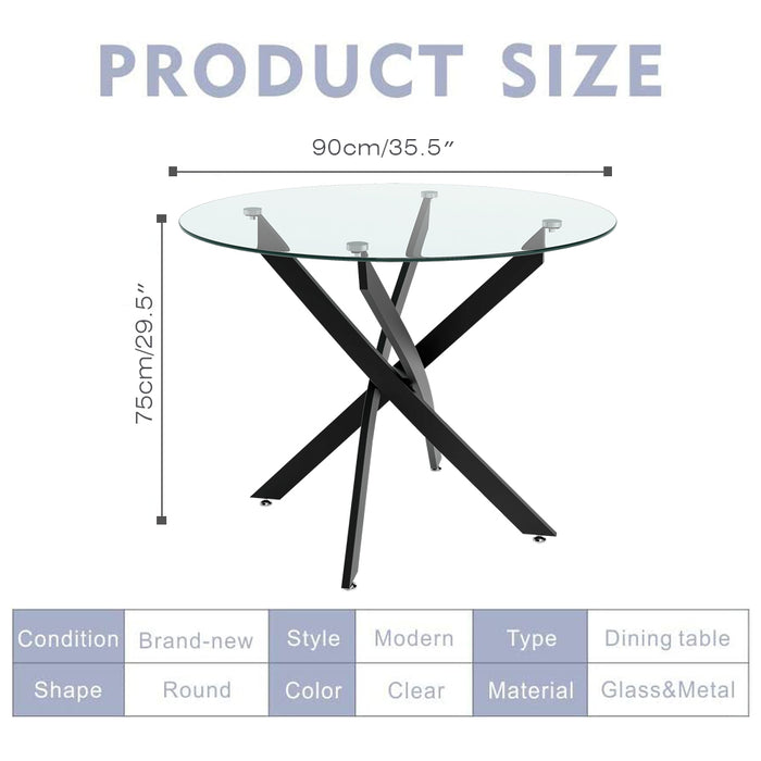 NIERN Round Glass Dining Table with black powder coating Legs, 35.5 in Modern 90*90*75cm Small Kitchen Table for Kitchen Dining Room (Black) AWS 22-4.US